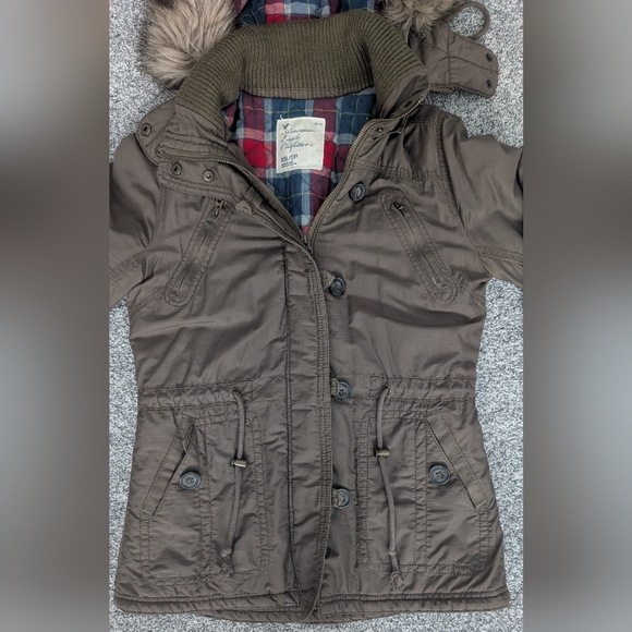 VTG Y2K American Eagle Bomber Jacket Coat Faux Fur Flannel Plaid Lined Womens XS - Picture 2 of 11